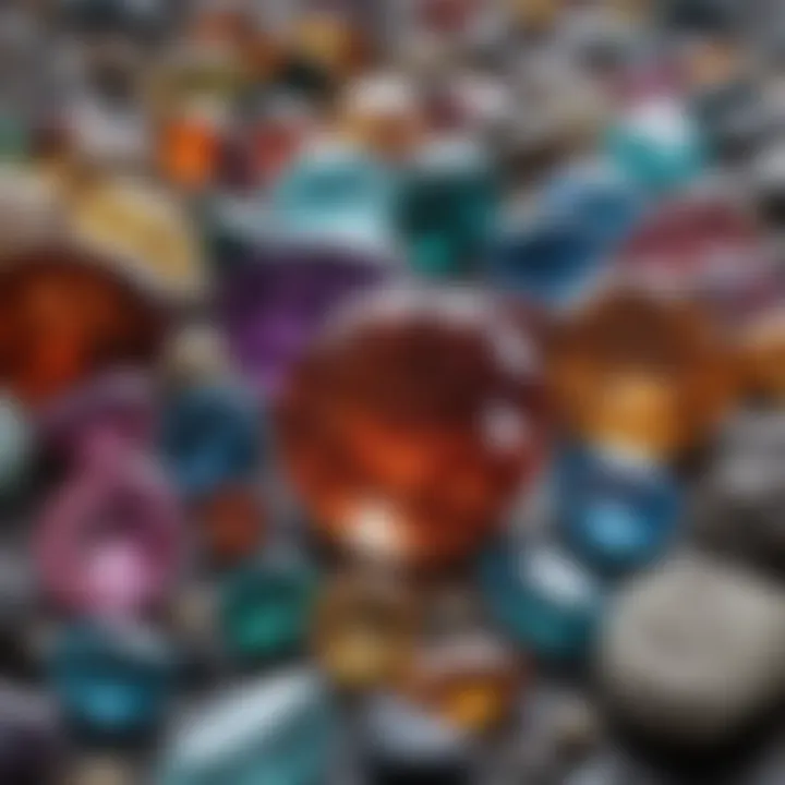 An array of gemstones in different colors and shapes displayed elegantly.