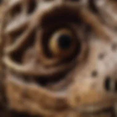 Close-up of the skull of a brown Tyrannosaurus Rex