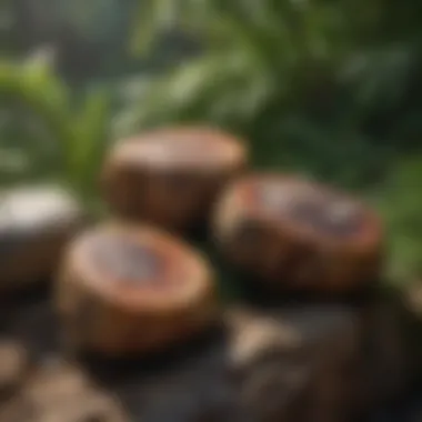 Natural setting highlighting petrified wood palm stones among lush greenery