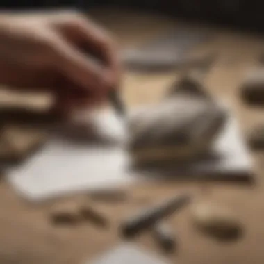 A paleontologist examining a petrified shark tooth with tools and notes