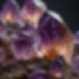 A close-up view of polished amethyst crystals reflecting light beautifully.
