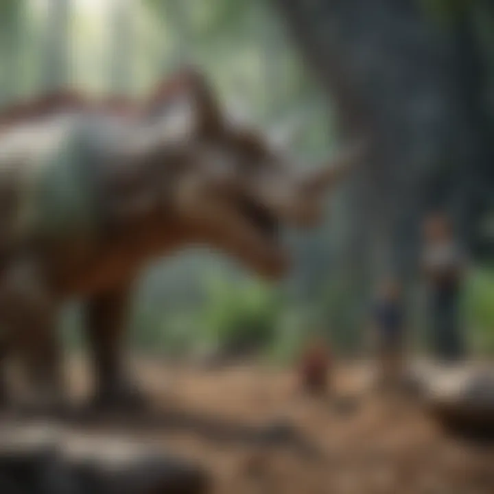 An educational setting showcasing children engaging with Pachyrhinosaurus figures