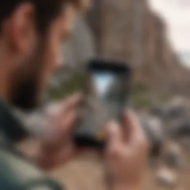 A user interacting with a crystal identification app in a natural setting