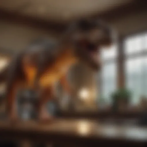 Artistic representation of a T-Rex lamp illuminating a modern room