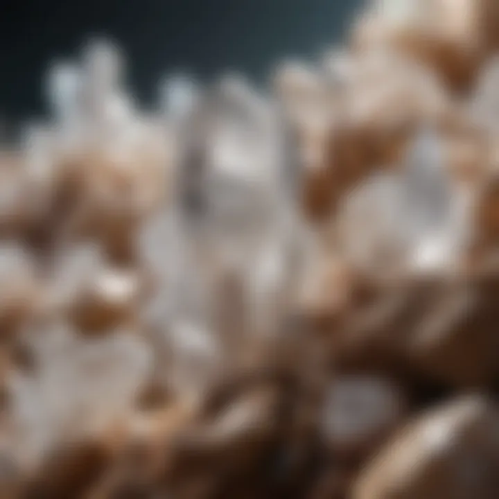 Close-up view of quartz crystals under natural light, highlighting their clarity and brilliance