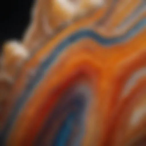 Close-up view of agate crystal showcasing its intricate banding patterns and vibrant colors.