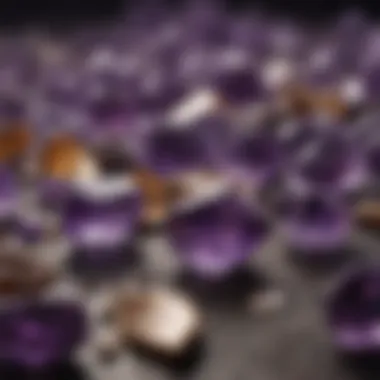 A collector's showcase featuring a variety of amethyst pieces and their respective price tags