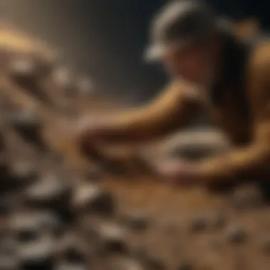 Inspecting Paydirt for Gold Content An individual examining paydirt under a low light, highlighting the glimmering particles of gold