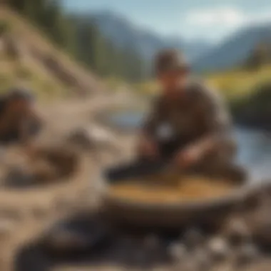 A historical depiction of gold panning during the gold rush, with tools and landscape in the background