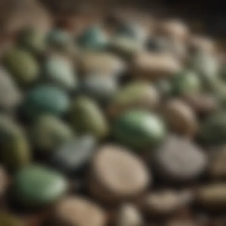 An array of different green rocks displayed in a natural setting, highlighting their diversity