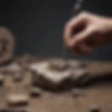 A collector examining a fossil with a hardness testing tool