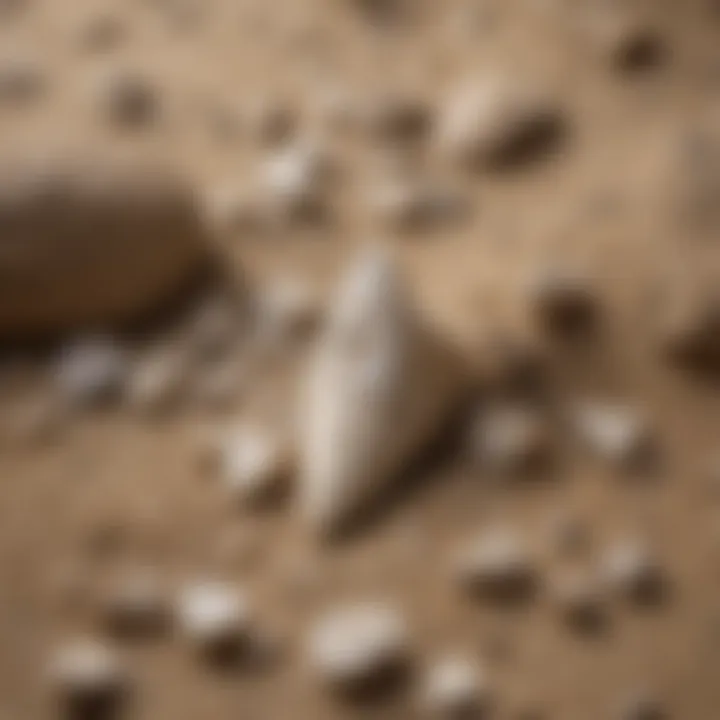 Fossilized sand tiger shark teeth displayed in a natural setting