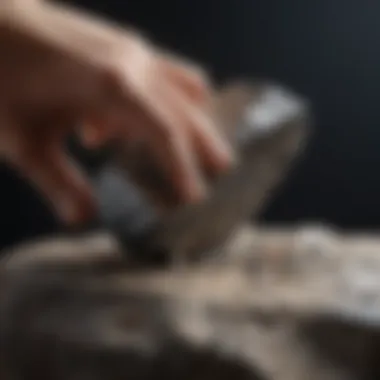 Close-up of a mineral specimen being scratched to demonstrate the scratch test method.