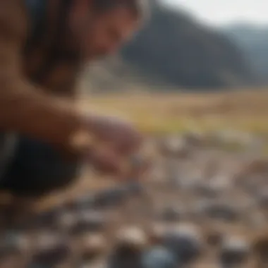 Close-up of a geologist examining a mineral specimen in the field