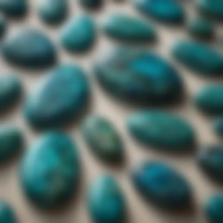 Display of various chrysocolla cabochons highlighting different shapes and sizes