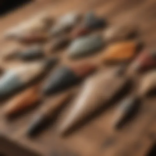 Close-up of a collection of unique arrowheads displayed on a wooden surface