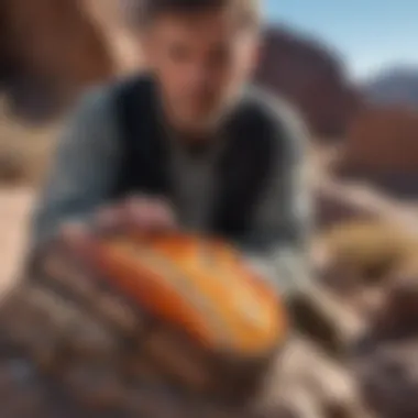 Expert examining and valuing petrified wood specimen